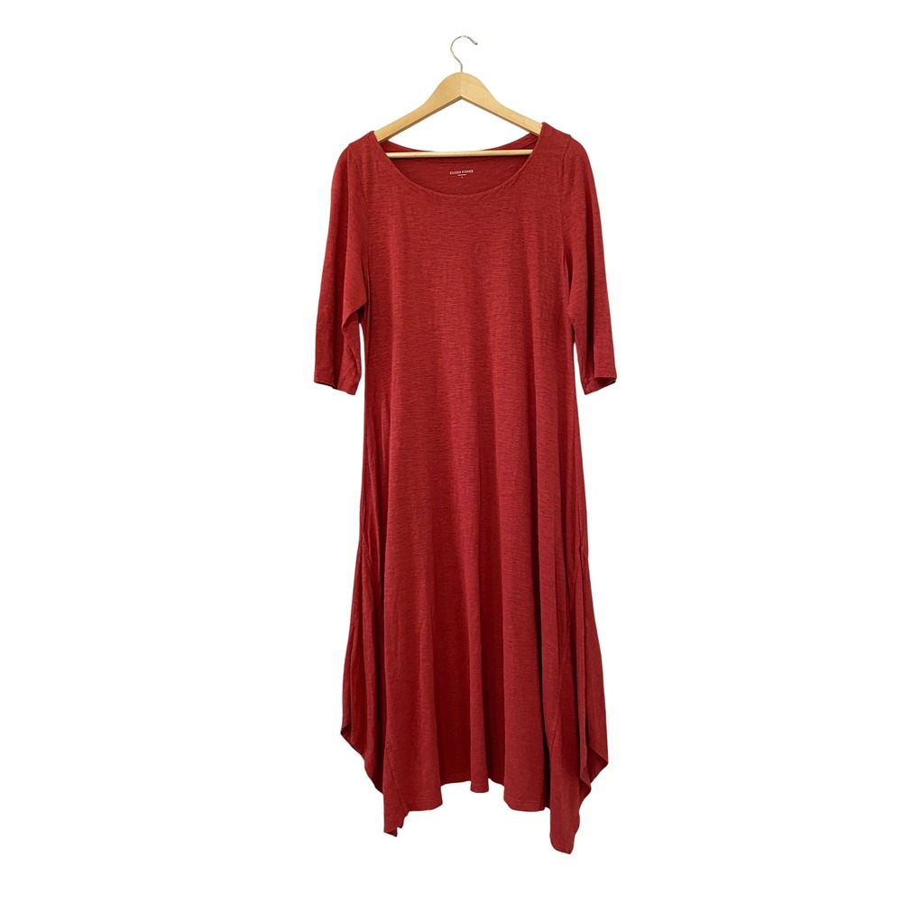 Eileen Fisher Asymmetrical Hem Dress LARGE Burnt Orange Organic Cotton Hemp Midi